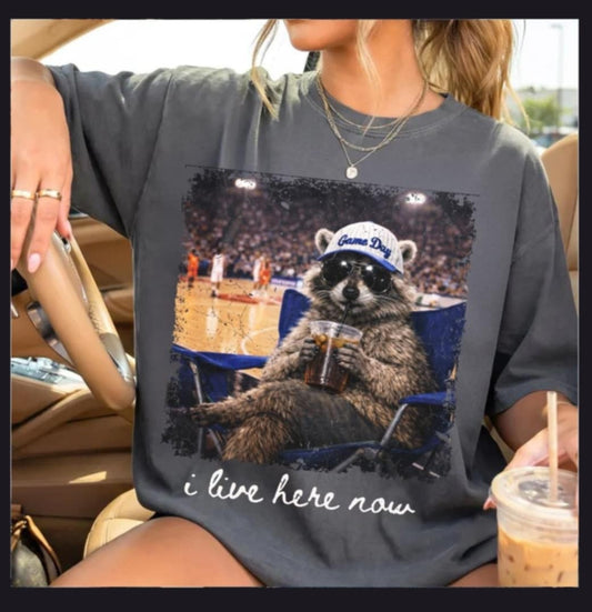 I Live Here Now Racoon Basketball Shirt