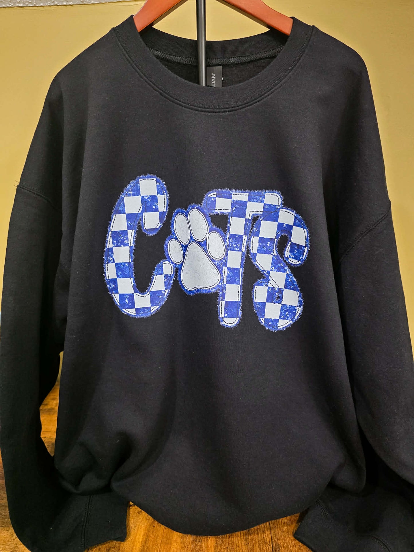 Faux Sequin Checkered Cats Shirt